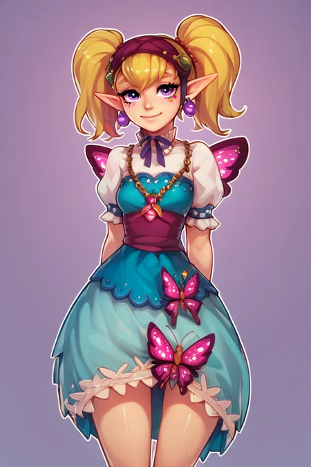 score_9, score_8_up, score_8, medium breasts, (curvy), cute, eyelashes, BREAK, , <lora:Agitha_Zelda_PDXL:1.0>, zzAgitha, purple eyes, blonde hair, twintails, pointy ears, jewelry, earrings, gloves, dress, butterfly wings, , BREAK, smile, looking at viewer, abstract background, white outline, cowboy shot, embedding:zPDXL, Expressiveh, <lora:CatalystStylePDXL:0.6>, <lora:SDXLFaeTastic2400:0.5>, <lora:Expressive_H-000001:0.4>,