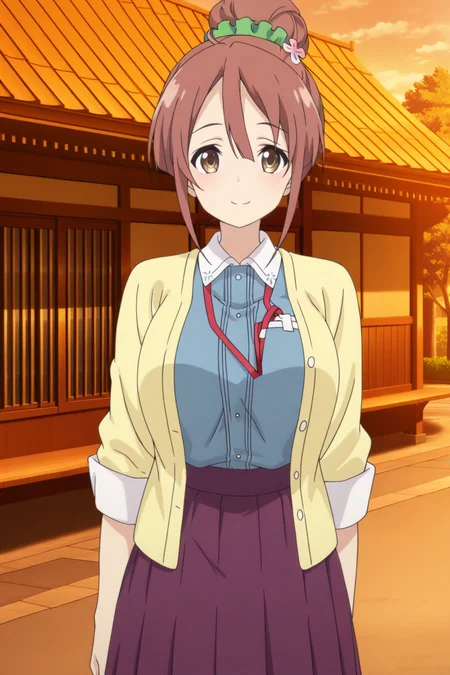 anime screenshot, 1girl, solo, shinomiya shiori, brown hair, single hair bun, green scrunchie, hair scrunchie, hair flower, brown eyes, large breasts, yellow cardigan, open cardigan, blue vest, white shirt, collared shirt, long sleeves, sleeves rolled up, purple skirt, pleated skirt, long skirt, lanyard, looking at viewer, smile, cowboy shot, outdoors, masterpiece, best quality, high quality, highres, absurdres, <lora:shinomiya_shiori_ILXL:0.9>