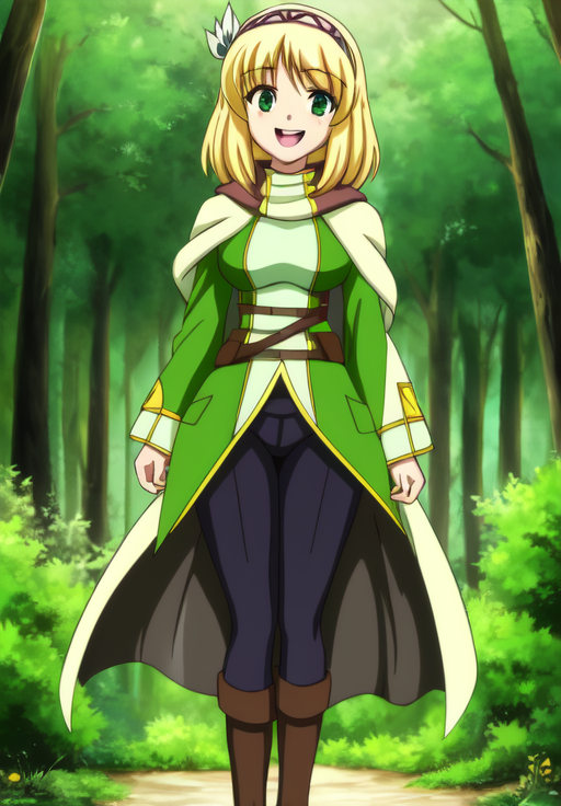 <lora:leadale-Cayna_1:0.8>, leadale-Cayna, 1girl, solo, looking at viewer, smile, forest, dynamic pose,