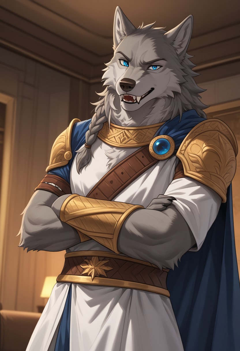 best quality, newest, absurdres, highres, 1boy, solo,1boy,Anthro,1boy,Anthro,lycaon,wolf male,grey fur,blue eyes,animal ears,fluffy fur,tall male,white robe,cape,sharp teeth,fangs,braid,armor,living room