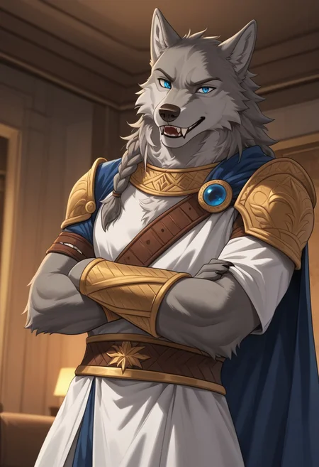 best quality, newest, absurdres, highres, 1boy, solo,1boy,Anthro,1boy,Anthro,lycaon,wolf male,grey fur,blue eyes,animal ears,fluffy fur,tall male,white robe,cape,sharp teeth,fangs,braid,armor,living room