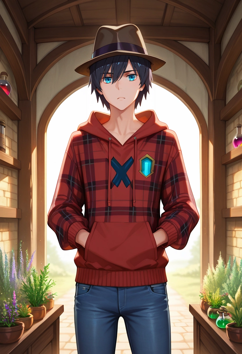masterpiece, best quality, , semi-realistic, looking at viewer, 1boy, solo, male focus, <lora:hiro_franxx_ilxl:0.98>, hiro_franxx, black hair, blue eyes, bangs, , witch's garden, herb beds, potion station, familiar animals, gathering pose, focused expression, morning, Slim-fit jeans, Organza Flannel hoodie, , Fedora,