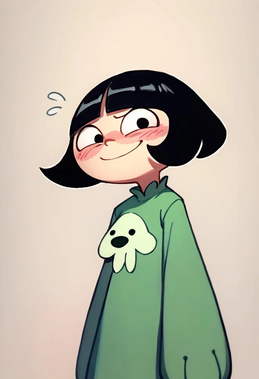 score_9, score_8_up, score_7_up BREAK LeeLeeDL, 1girl, black hair, bob cut, blunt bangs, black eyes, green bear costume, blushing, nervous smile at viewer,
