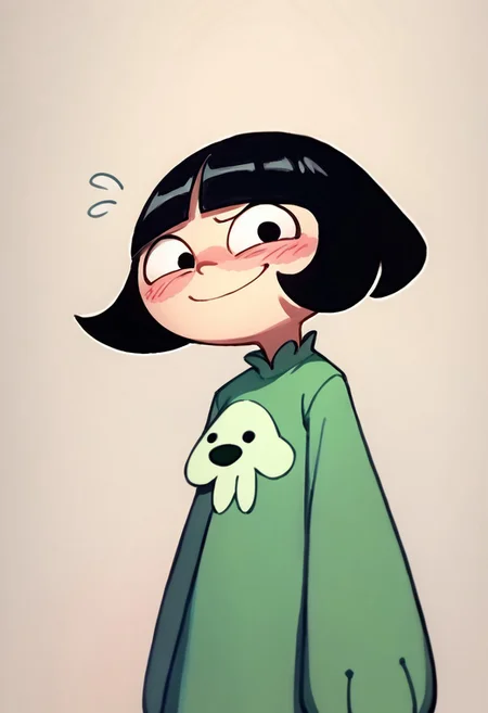 score_9, score_8_up, score_7_up BREAK LeeLeeDL, 1girl, black hair, bob cut, blunt bangs, black eyes, green bear costume, blushing, nervous smile at viewer,