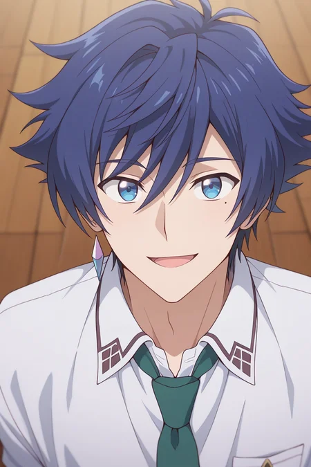 masterpiece, best quality, amazing quality,high resolution, intricate details,official style,depth of field,anime screencap, , , 1boy, solo, male focus, <lora:Allen_Westfelt:0.80>,allen westfelt,blue hair,blue eyes,spiky hair,short hair,mole,upper body,white shirt,green necktie,collared shirt,open mouth,smile,looking at viewer,from above