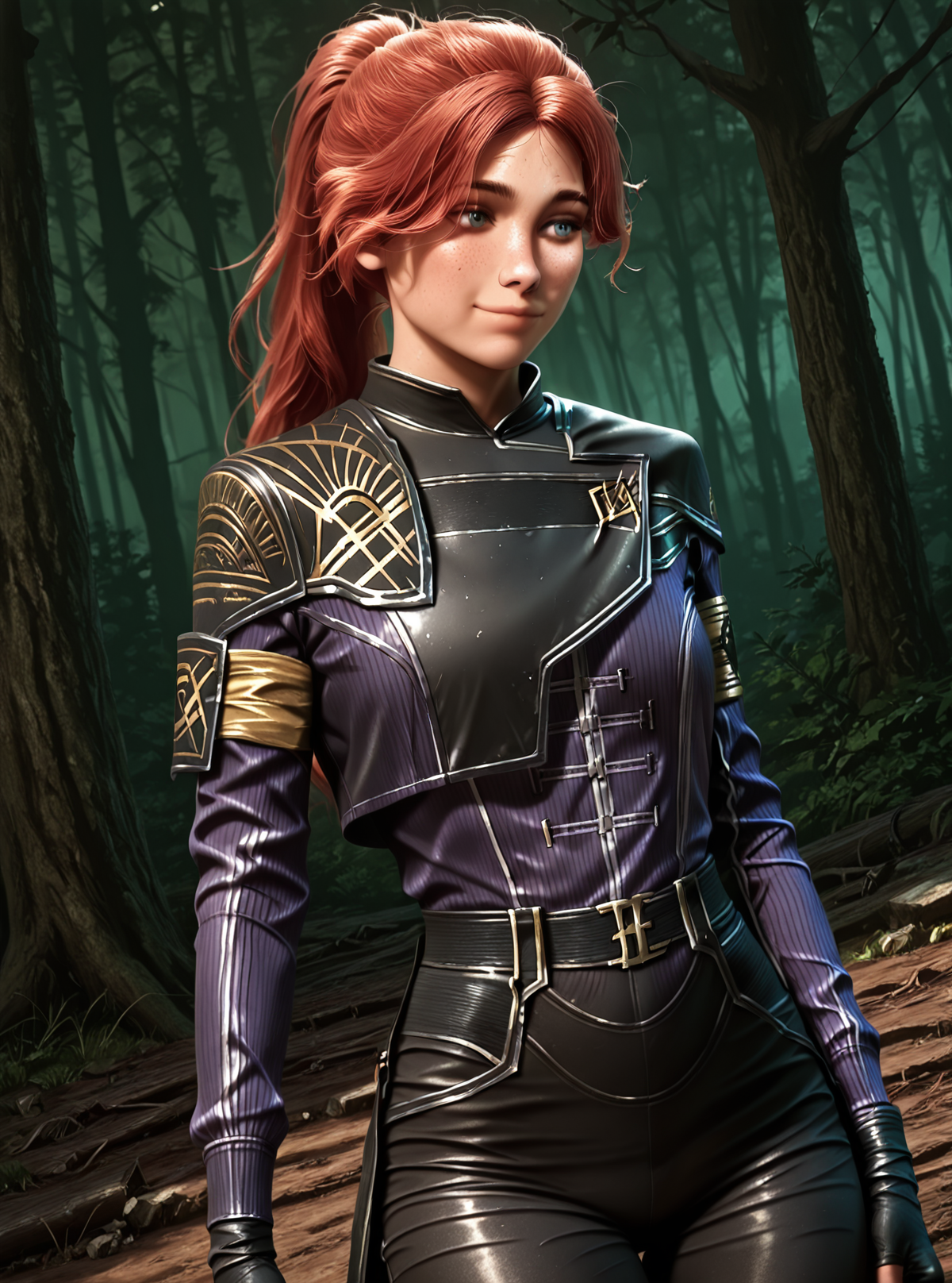 <lora:Maelle__Clair_Obscur_Expedition_33__Illustrious:1>
1 girl, solo, freckles, blue eyes, high cheekbones, narrow jaw, realistic face, long hair, red hair, high ponytail, parted bangs, messy strands,
dark bodysuit, black and purple outfit, long sleeves, gold shoulder armor, shoulder embroidery, geometric patterns, layered outfit, tight pants, tactical straps, fingerless gloves, glowing armband, sci-fi uniform, expedition insignia, 
score_9, score_8_up, score_7_up, very aesthetic, detailed, high quality, beautiful, masterpiece, detailed eyes, forest, tree, ruins, cowboy shot, dynamic angle, upper body, light smile, dynamic pose