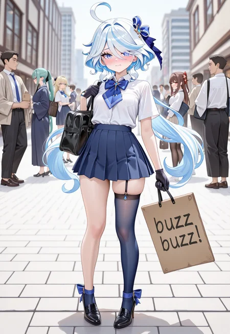 masterpiece, best quality, absurdres, newest, very aesthetic, amazing quality,highres,, highres, ultra detailed, best anatomy, HDR, 8K, high detail RAW color art, high contrast, large pupil,detailed background,
,1girl,furina /(genshin impact/),genshin impact,
alternate costume,
bag,
black footwear,
blue skirt ,
aqua hair ,
blush ,
bow ,
bowtie ,
contemporary ,
garter straps,
gloves,,
hair ornament,
hair over one eye ,
hair ribbon,
high heels ,
legs ,
long hair ,
miniskirt ,
crowd,
neckerchief ,
pantyhose,
pleated skirt ,,
ribbon ,
school bag ,
school uniform ,
shirt ,
single leg pantyhose,
single thighhigh ,
skirt,
shy,
star /(symbol/),
star hair ornament,
thighhighs,
white shirt ,
holding sign of BUZZ BUZZ BUZZ BUZZ
,(artist:da_mao_banlangen:0.8),(artist:casino_(casinoep):0.7),(artist:fkey:0.7),(artist:mignon:0.7),(artist:torino aqua:0.5)