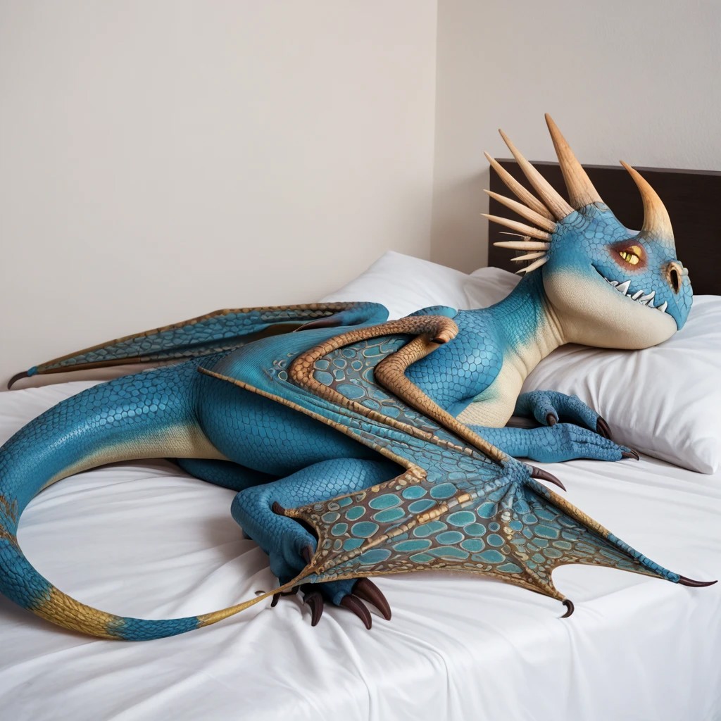 core_9, score_8_up, score_7_up, score_6_up, masterpiece, high quality, realistic, detailed, best quality, 1girl, solo, rating_safe, source_furry, bedroom, smiling, seductive, looking at viewer, lying on bed, negative_hand, lying on bed, full body, Stormfly_httyd, dragon, deadly nadder, scales, wings, horns, tail, female, blue scales, yellow sclera, tail spikes