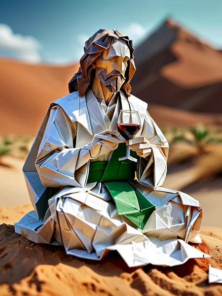 Full body illustration of ultra realistic very detailed origami Jesus Christ sitting in the desert drinking wine, he is wearing white robes with a green sash around his waist, he has brown hair and a brown beard, detailed origami face, detailed origami hands, detailed origami hair, detailed origami beard, vibrant colors, high resolution, bokeh, highest contrast, masterpiece, 32k, high contrast, vibrant colors, vivid colors, high resolution textures, crisp colors, ultra sharp, sharp focus,
<lora:TQ_-_Fairy_Tale_Origami_Paintings:1>, <lora:add-detail-xl:0.7>, <lora:MJ52:0.2>, <lora:WildcardX-XL-Detail-Enhancer:0.3>