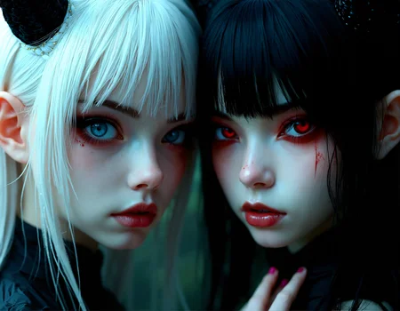 Photorealistic close-up of two female figures with contrasting features, one with white hair and blue eyes, the other with black hair and red eyes, both adorned with dark horns and dressed in gothic attire, their faces illuminated by soft, mysterious light.
cinematic lighting, extremely intricate detail character, accurate depiction of character, correct body anatomy, correct hands and fingers, extremely intricate skin and facial skin texture detail, lifelike potrayal, extremely realistic lighting, extreme dynamic pose. Extremely sharp detail without blurring.