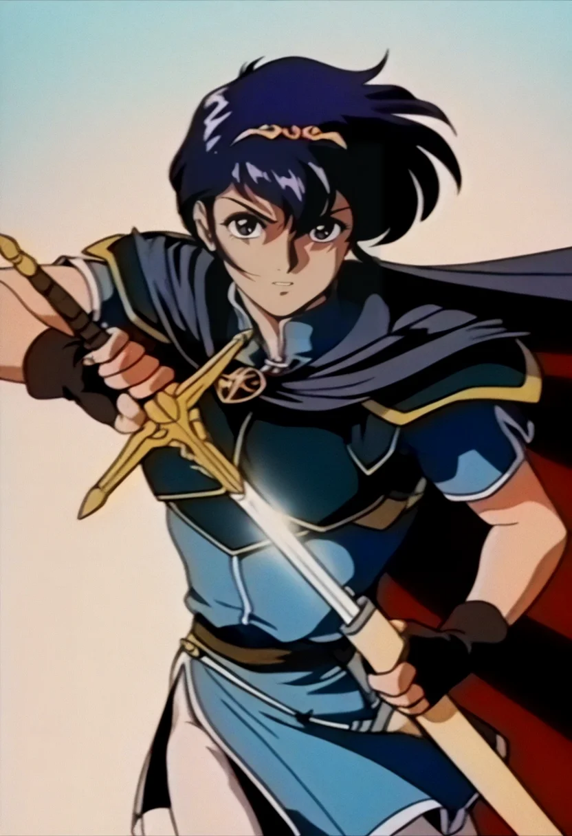 masterpiece, best quality, solo, looking at viewer, 1boy, <lora:FeOVA_GLoRA-illus_Fp:1>, retro artstyle, marth \(fire emblem\), cape, armor, unsheathing, sword, determined, wind, flowing cape, cowboy shot,