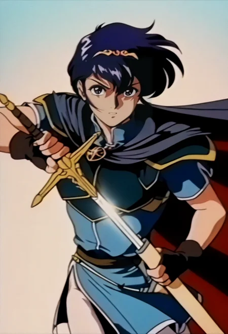 masterpiece, best quality, solo, looking at viewer, 1boy, <lora:FeOVA_GLoRA-illus_Fp:1>, retro artstyle, marth \(fire emblem\), cape, armor, unsheathing, sword, determined, wind, flowing cape, cowboy shot,