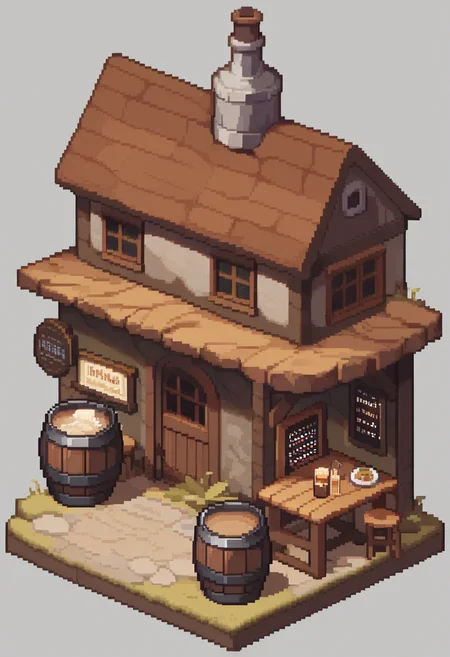<lora:pixel_art:1>,Abar_\(place\), barrel, beer_mug, bottle, commission, english_commentary, fence, grey_background, house, menu_board, no_humans, pixel_art, still_life, table