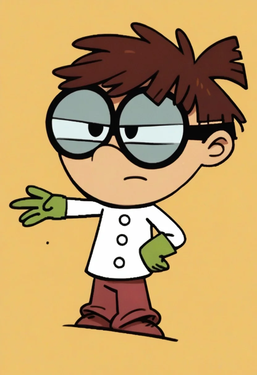 (score_9 | score_8_up | score_7_up) ((masterpiece:1))(best quality,very high quality,ultra detailed:1.2) (2D,cartoon style,anime style)(Smooth:2)(clean blurring) (four fingers on each hand,one thumb on each hand:1), Levi Loud, solo, 1boy, Brown hair, glasses, science lab coat, Green gloves, dark pink pants