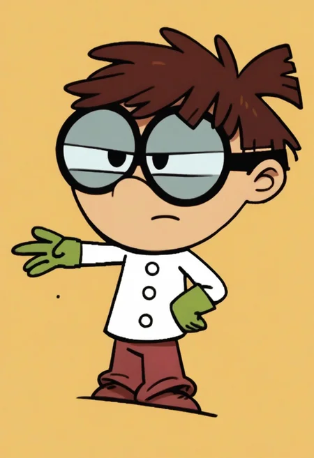 (score_9 | score_8_up | score_7_up) ((masterpiece:1))(best quality,very high quality,ultra detailed:1.2) (2D,cartoon style,anime style)(Smooth:2)(clean blurring) (four fingers on each hand,one thumb on each hand:1), Levi Loud, solo, 1boy, Brown hair, glasses, science lab coat, Green gloves, dark pink pants
