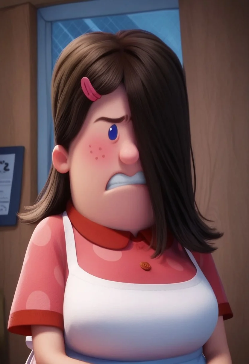 edith (captain underpants), 1girl, dark brown hair, hair over one eye, hair covering one eye, dot blue eyes, freckles, blush, pink polka dot dress, short sleeves, white apron, yellow dishwashing gloves, pink mary janes, white socks, plump, Expressiveh, shy, score_8_up, score_7_up, BREAK, 1girl, solo, closeup, very angry, clenched teeth, realistic, 3d,