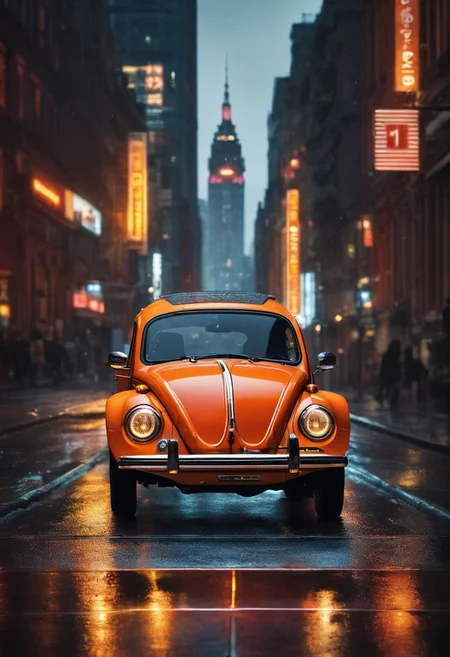 A stunning and realistic CGI rendering of a Volkswagen Beetle cruising along a bustling nighttime city street. The car's vibrant orange hue stands out against the dark surroundings, with its headlights illuminating the scene and casting a warm glow on the wet pavement. In the corner of the image, a traffic light changes colors, and a fire hydrant sits by the curb. The 16:9 aspect ratio captures the dynamic cityscape, with towering buildings and neon lights reflecting on the wet streets. The attention to detail and atmospheric elements create a sense of depth and dimension, immersing the viewer in the urban night scene.