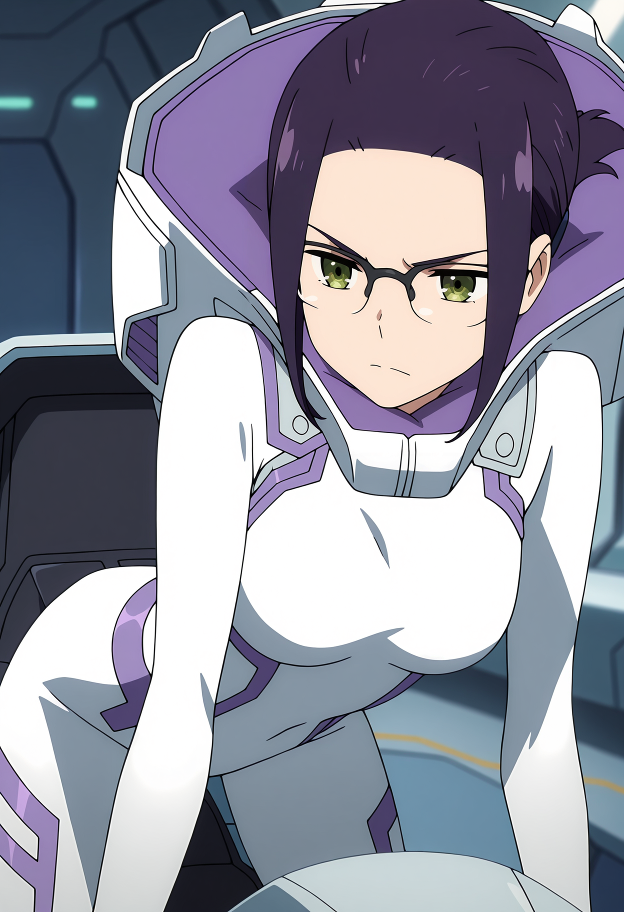 anime screencap, masterpiece, best quality,
<lora:DarlingInTheFranxx_Ikuno_IlluXL:0.9>,
1girl, solo, serious,
folded ponytail, parted bangs, forehead, short hair, purple hair, green eyes, over-rim eyewear,
white bodysuit, hood, purple trim, skin tight,
all fours,
indoors, cockpit, science fiction, blurry background