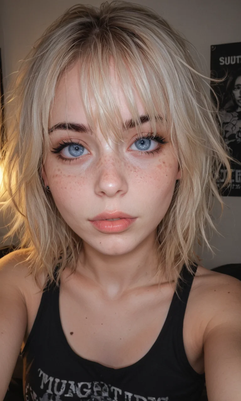 4k selfie with a excited expression, goth girl, deep focus, split-diopter lens, focus on her eyes, cluttered bedroom, posters on walls, warm lighting, long shaggy blonde, bangs between eyes, dark blue eyes, freckles, blush, natural lips, natural eyes, messy hair, black eyebrows, piercings, taking a selfie, bent forward,