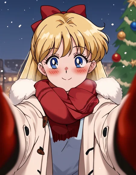 score_9, score_8_up, score_7_up, source_anime, <lora:minako-aino-s3-ponyxl-lora-nochekaiser:1>, minako aino, blonde hair, blue eyes, bow, hair bow, half updo, long hair, red bow, tiara, medium breasts,, <lora:pov-cheek-warming-ponyxl-lora-nochekaiser:1>, pov cheek warming, pov cheek warming (meme), winter gloves, duffel coat, fur-trimmed scarf, winter clothes, red mittens, meme, winter coat, red scarf, fur-trimmed coat, reaching towards viewer, reaching, mittens, fur-trimmed hood, white coat, open coat, scarf, coat, red gloves, snowing, pov, fur trim, depth of field, smile, blush,, christmas, christmas tree, christmas lights,,