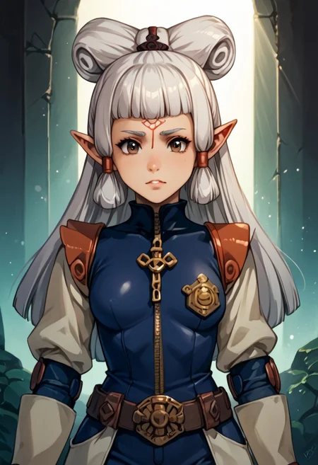 score_9, score_8_up, score_7_up, score_6_up, score_5_up, score_4_up, source_anime, , (best quality) , (highly detailed) , (best quality) , (highly detailed) ,((masterpiece)), ((best quality)), (ultra-detailed), ((extremely detailed)), (high resolution), 4K, (8K), best quality, (beautiful), (dynamic lighting), (super detailed skin), sharp focus, (1_girl, solo focus), masterpiece ,absurdres ,detailed face ,beautiful face , Shiny Skin, bowpaya, paya, elf ears, pointy ears, White hair, pointy ears, brown eyes, forehead mark
light rays, (light particles),
pauldrons, belt, bodysuit, zipper, chain, badge, elbow pads,, gloves,
(portrait, Upper body), OverallDetail,