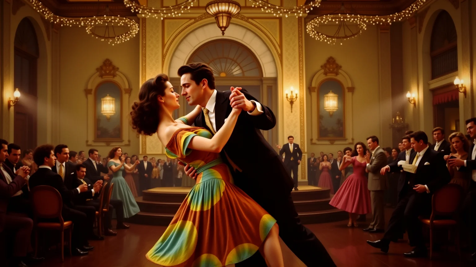 Set against the lively backdrop of a vintage dance hall/ a charming 1950's-era couple embraces in a passionate dance. The woman is clad in a vibrant/ swirling skirt and sweater set while her partner dons a dapper suit with a crisp white shirt and tie. They move gracefully to the rhythm of the swing band on stage/ their eyes locked in love as they sway together effortlessly. The room is filled with joyful energy/ from the twinkling chandeliers above to the cheering crowds below/ all captured in an atmospheric painting that showcases the magic and romance of a bygone era. Art Deco Painting: 1950's Dance Hall Love Story (Romantic/ Energetic/ Vintage)