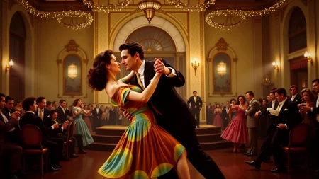 Set against the lively backdrop of a vintage dance hall/ a charming 1950's-era couple embraces in a passionate dance. The woman is clad in a vibrant/ swirling skirt and sweater set while her partner dons a dapper suit with a crisp white shirt and tie. They move gracefully to the rhythm of the swing band on stage/ their eyes locked in love as they sway together effortlessly. The room is filled with joyful energy/ from the twinkling chandeliers above to the cheering crowds below/ all captured in an atmospheric painting that showcases the magic and romance of a bygone era. Art Deco Painting: 1950's Dance Hall Love Story (Romantic/ Energetic/ Vintage)