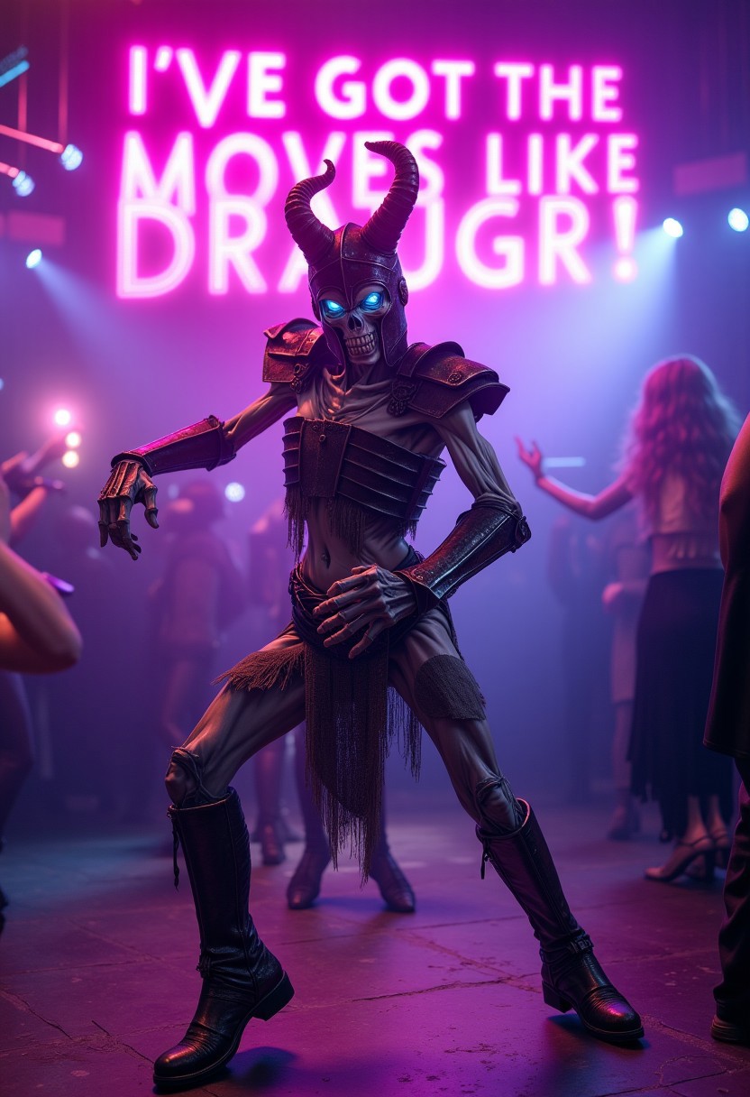 A semi-realistic undead Draugr with decayed, fleshy features, glowing blue eyes, and a rusted horned helmet with long, close-set horns, dancing confidently on a neon-lit nightclub floor. The Draugr’s armor is ancient and weathered, but hilariously complemented by a pair of flashy, shiny dance boots that gleam under the spinning disco ball. Its decayed yet muscular form strikes a dramatic pose mid-dance, surrounded by multicolored lights bouncing off the fog-filled dance club. Massive, vibrant, glowing text at the top reads: 'I’ve got the moves like Draugr!' enhancing the humorous, surreal vibe of the scene