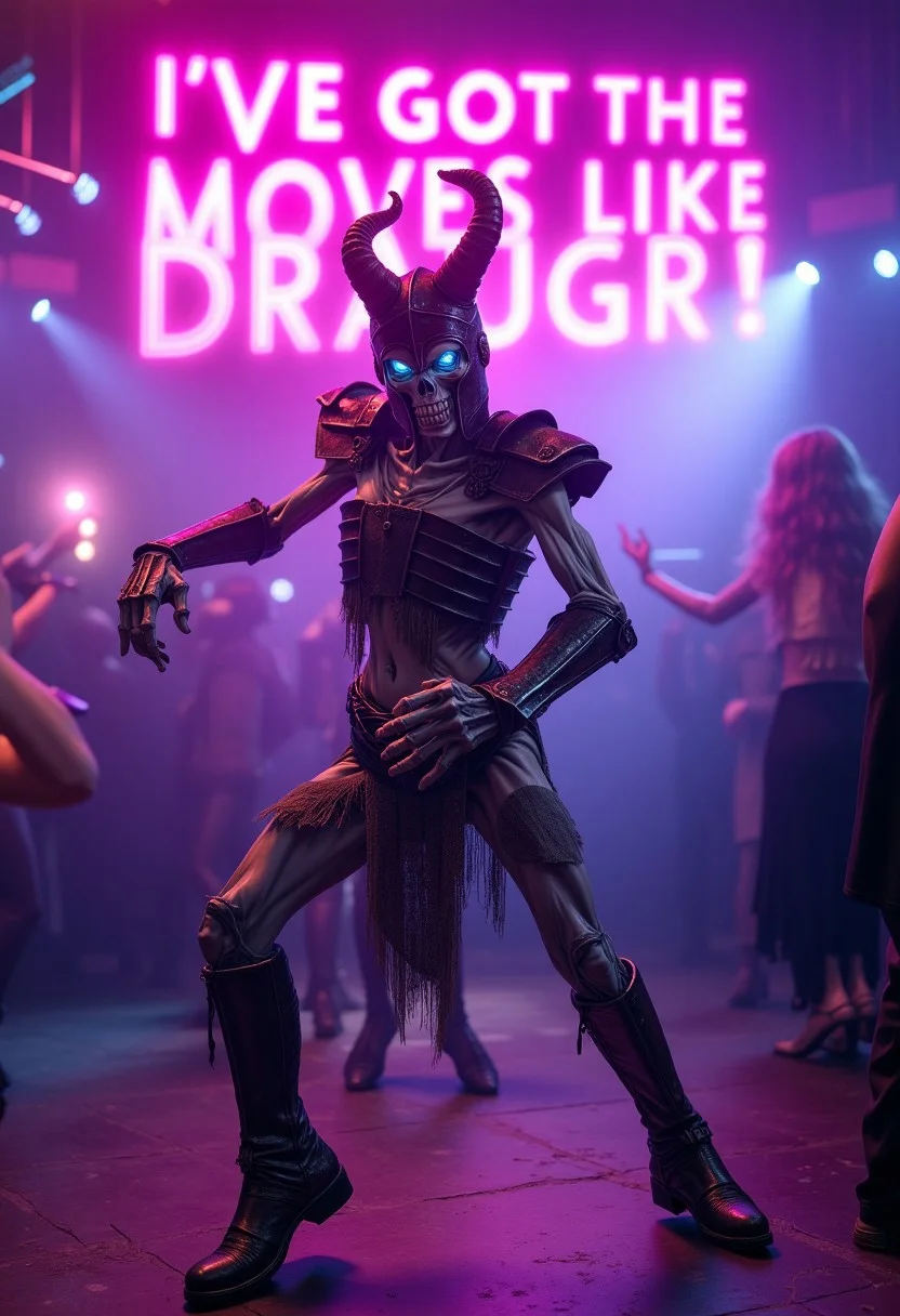 A semi-realistic undead Draugr with decayed, fleshy features, glowing blue eyes, and a rusted horned helmet with long, close-set horns, dancing confidently on a neon-lit nightclub floor. The Draugr’s armor is ancient and weathered, but hilariously complemented by a pair of flashy, shiny dance boots that gleam under the spinning disco ball. Its decayed yet muscular form strikes a dramatic pose mid-dance, surrounded by multicolored lights bouncing off the fog-filled dance club. Massive, vibrant, glowing text at the top reads: 'I’ve got the moves like Draugr!' enhancing the humorous, surreal vibe of the scene