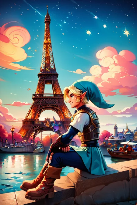 score_9, score_8_up, score_8, BREAK, , zzFierceDeity, 1boy, armor, gloves, boots, hat, fingerless gloves, dynamic pose, <lora:FierceDeityLink_PDXL:0.8>,, BREAK, zzEiffelTower in background, sitting, watercraft, boat, sitting on wall, side view, looking at viewer, smile, ,,, BREAK, blooming stars, luminescent petals, otherworldly fragrance blurry background, ,,, embedding:zPDXL, Expressiveh, ,,, <lora:EiffelTowerPDXL:1.0>, <lora:CatalystStylePDXL:0.6>, <lora:SDXLFaeTastic2400:0.5>, <lora:Expressive_H-000001:0.4>,