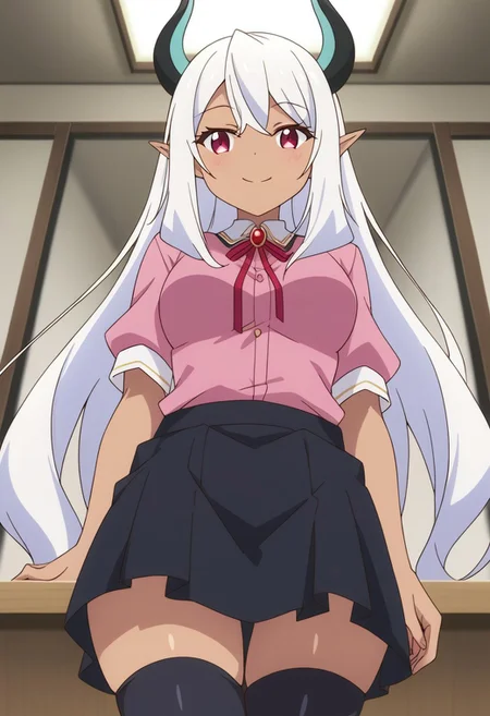 score_9, score_8_up, score_7_up, score_6_up, score_5_up, score_4_up, epic-Ultra-HD-details, epic-Ultra-HD-highlights, 2.5D-upscaled-resolution, source_anime, digital-quality, semi-realism, physically-realistic, lit, cutesie,
afrobullstyle,
BREAK source_anime, anime, best quality, masterpiece, rating_safe, uncensored, High quality, 8k, Ultra,
BREAK (4partment,indoors, window, scenery, cityscape),
BREAK 1girl,beelzebub, white hair, red eyes, horns, dark-skinned female, long hair, pointy ears, demon girl,
jirai kei,pink shirt,black skirt,twintail,thighhighs,
BREAK ((cowboy shot)),(standing),(from below),(((from front))),
busty breasts,(((medium breasts:1.2))), (thick thighs,:1,2),
looking at viewer,smile,blush,