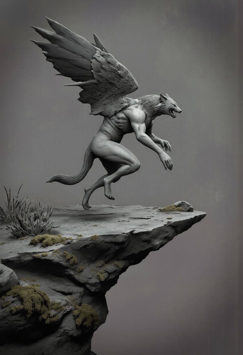 aidmaMJ6.1, Made out of paper, a PaperStyle , d4artstyle, d4concept, , d00mstyle, made of clay, ZBClay model of a gray sculpture
A fantastical creature resembling a winged canine, poised on the edge of a rocky outcrop. The creature has the body of a wolf, with a lean, muscular build covered in thick fur, and powerful legs ending in sharp claws. Its head features lupine characteristics, with a snarling expression and exposed fangs. Large, dark feathered wings extend from its back, giving the impression of a fierce aerial predator. The tail is bushy, adding to its wild appearance. The rocky perch beneath the creature is rugged and covered with patches of moss and small, thorny plants, emphasizing the creature's readiness to take flight. The scene combines elements of fantasy and the natural world, with a focus on the creature's dynamic pose and fierce nature.
Background solid color with a faded dimly lit, fog-covered darkness tone that emphasizes its silhouette. 
 The medium is not a traditional painting or illustrative medium like watercolor or ink but rather a digital rendering, eerie and unsettling.
