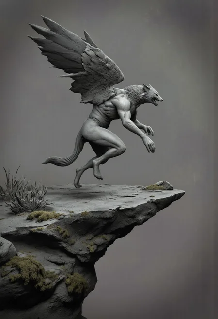 aidmaMJ6.1, Made out of paper, a PaperStyle , d4artstyle, d4concept, , d00mstyle, made of clay, ZBClay model of a gray sculpture
A fantastical creature resembling a winged canine, poised on the edge of a rocky outcrop. The creature has the body of a wolf, with a lean, muscular build covered in thick fur, and powerful legs ending in sharp claws. Its head features lupine characteristics, with a snarling expression and exposed fangs. Large, dark feathered wings extend from its back, giving the impression of a fierce aerial predator. The tail is bushy, adding to its wild appearance. The rocky perch beneath the creature is rugged and covered with patches of moss and small, thorny plants, emphasizing the creature's readiness to take flight. The scene combines elements of fantasy and the natural world, with a focus on the creature's dynamic pose and fierce nature.
Background solid color with a faded dimly lit, fog-covered darkness tone that emphasizes its silhouette.
The medium is not a traditional painting or illustrative medium like watercolor or ink but rather a digital rendering, eerie and unsettling.