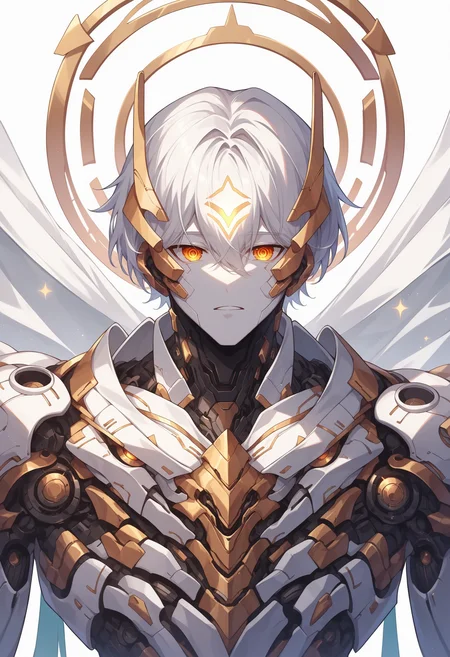 score_9, score_8_up, source_anime,<lora:wrenchsmechsxl-000010:1>,wrenchsmechs, male,white hair, mechanical legs, white skin, white background, mechanical eyes, glowing markings, halo,
