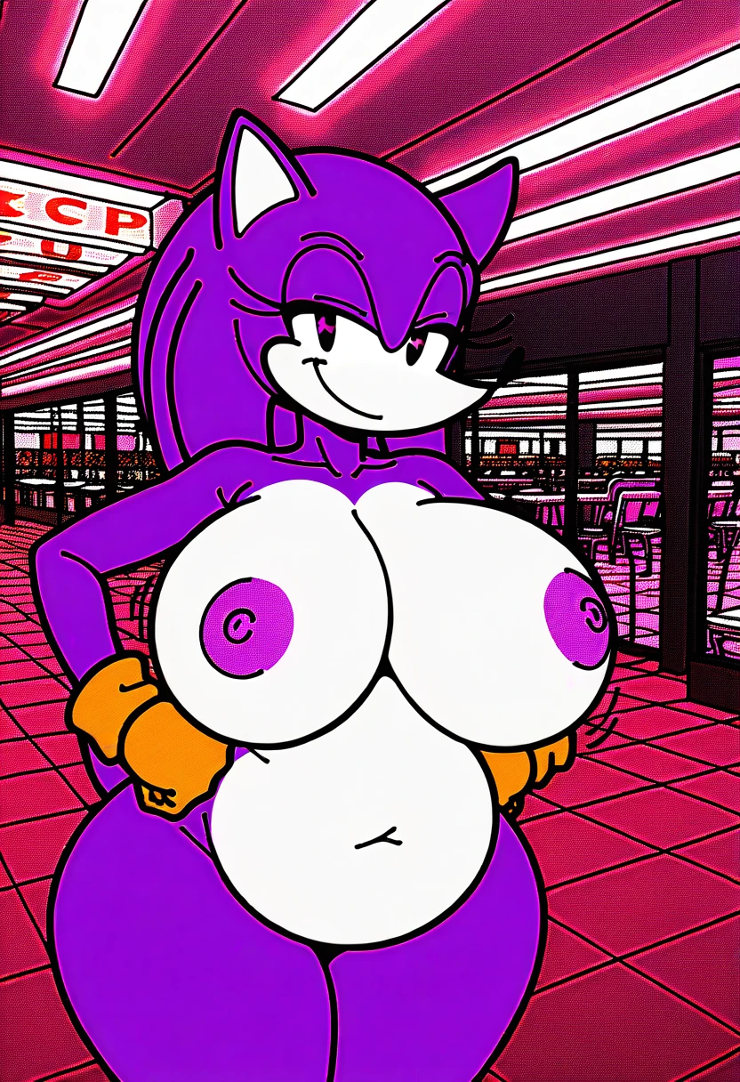 NeedlemouseFNF, 1girl, purple fur, anthropomorphic hedgehog, pale white skin, black vertical eyes, yellow gloves, red shoes, solo, full body, score_9_up, cartoon, 1girl, solo, uploaded on e621, anthro, bedroom eyes, (dominant:1.2), (interior:1.2), mall, motion lines, crowded, in public, pov, smug, cowboy shot, chubby, (huge breasts), (wide hips), (huge thighs), hands on hips, big belly, flat color, fca style, toon \(style\), 2d,score_9, score_8_up, score_7_up, score_6_up, nude, nipples