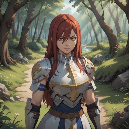 score_9, score_8, BREAK, (Solo), (Erza Scarlet, long hair, red hair), (armor), (blue tattoo), sexy pose, self portrait, smile, outdoors, sunlight, shadows, evening lighting, natural lighting, forest, trees, grass, orange sky, sunset