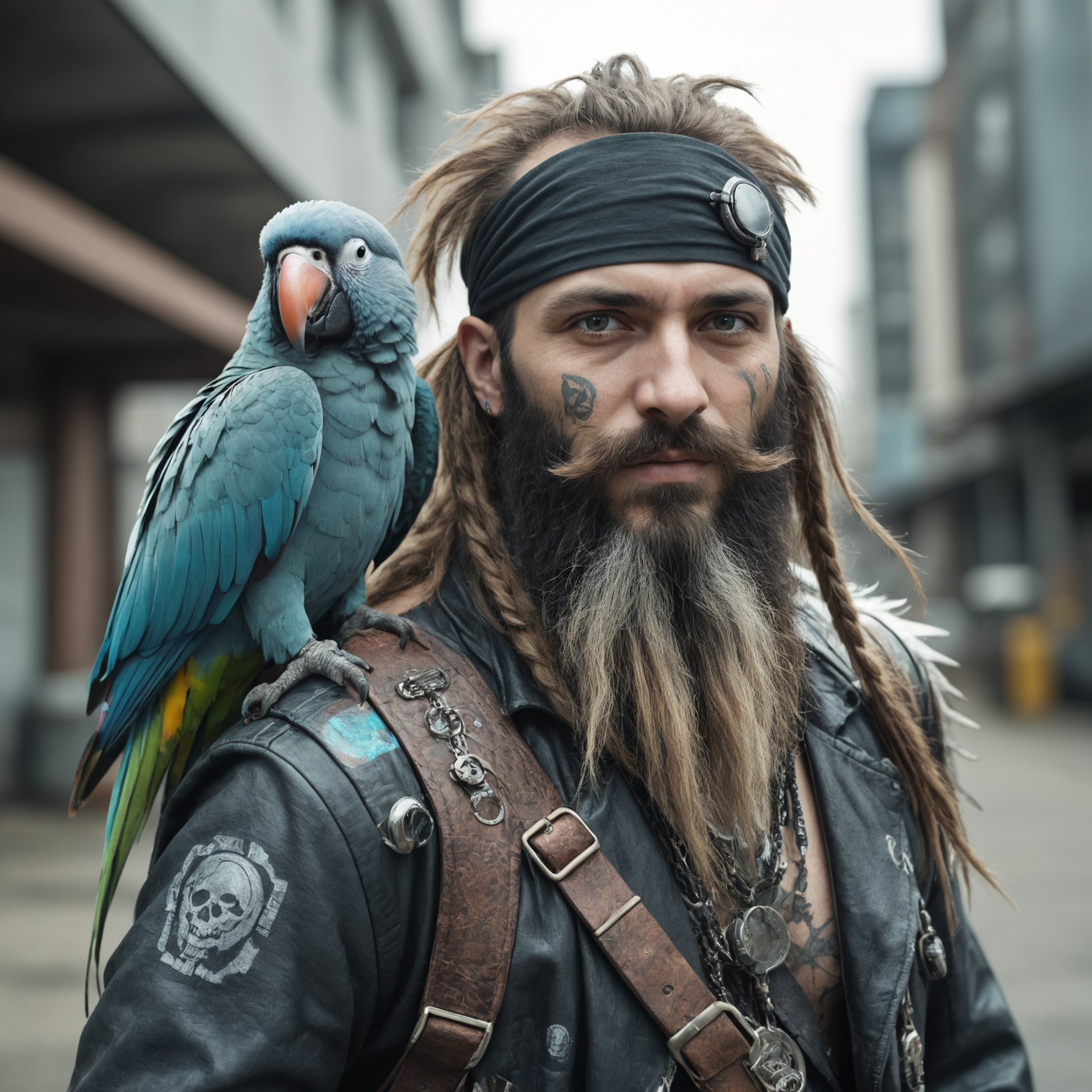face portrait of a cyberpunk pirate woth a parrot on his shoulders, long beard, best quality