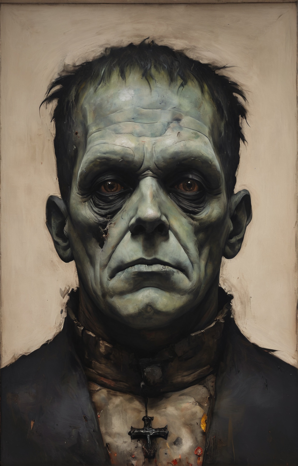 a colorful painting of frankestein, close-up, halloween theme aesthetics, in the style of nicola samori <lora:NicolaSamori:0.6>