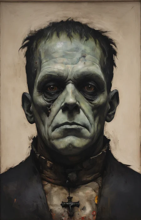 a colorful painting of frankestein, close-up, halloween theme aesthetics, in the style of nicola samori <lora:NicolaSamori:0.6>