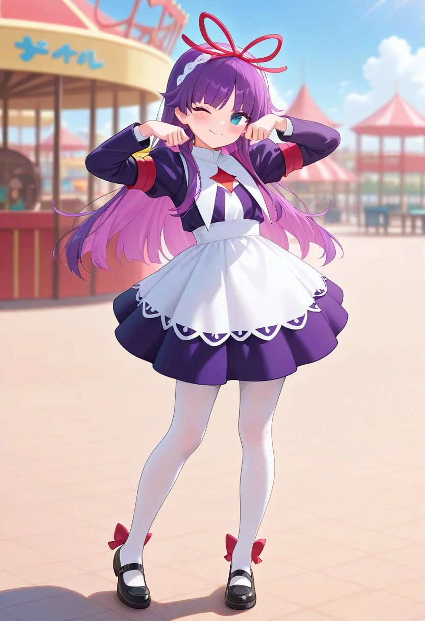 <lora:PFeli_SDXL_Illustrious01_fp16_ver01:1>,PFeli, 1girl, long hair,purple hair, white pantyhose, dress,red ribbon, blue eyes, black footwear, long sleeves, red bow, hairband, cute pose, smile, wink, standing, amusement park, look at viewer, lovely, cute, adorable, newest, masterpiece, best quality, very aesthetic, absurdres,<lora:detailed_hands:1>,hand