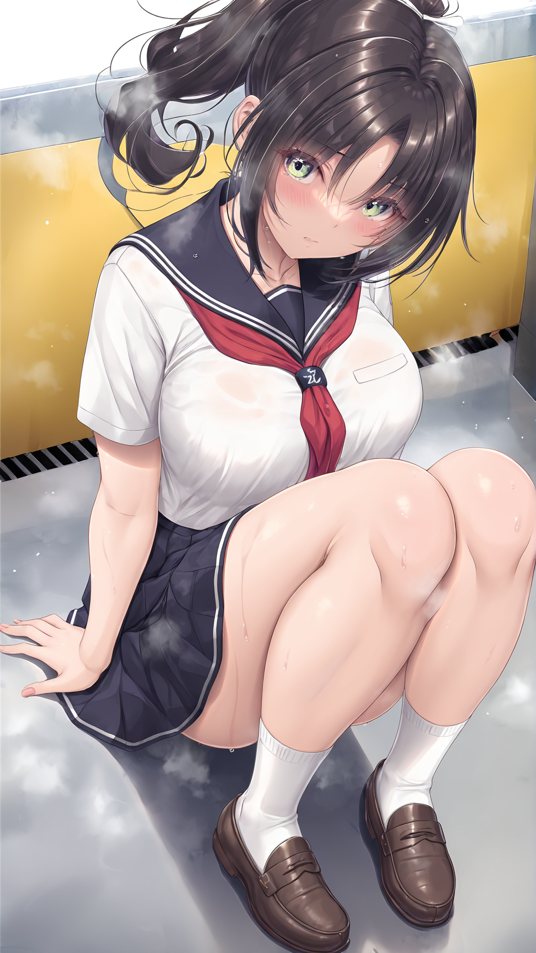 amazing quality,absurdres,best quality,masterpiece,highres,newest,detailed,detailed body,detailed face,masterpiece,best quality,solo,
500mlheya,1girl,solo,school uniform,serafuku,ponytail,green eyes,breasts,short sleeves,black hair,red neckerchief,sailor collar,shirt,long hair,white socks,loafers,<lora:500mlheya:1>,