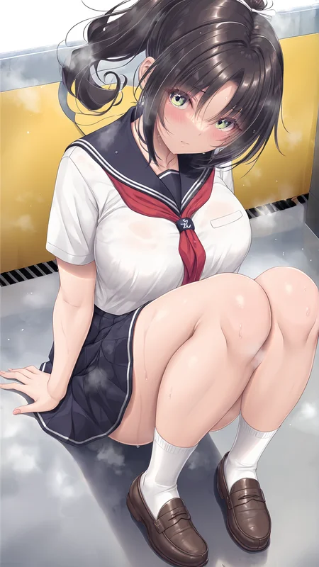 amazing quality,absurdres,best quality,masterpiece,highres,newest,detailed,detailed body,detailed face,masterpiece,best quality,solo,
500mlheya,1girl,solo,school uniform,serafuku,ponytail,green eyes,breasts,short sleeves,black hair,red neckerchief,sailor collar,shirt,long hair,white socks,loafers,<lora:500mlheya:1>,