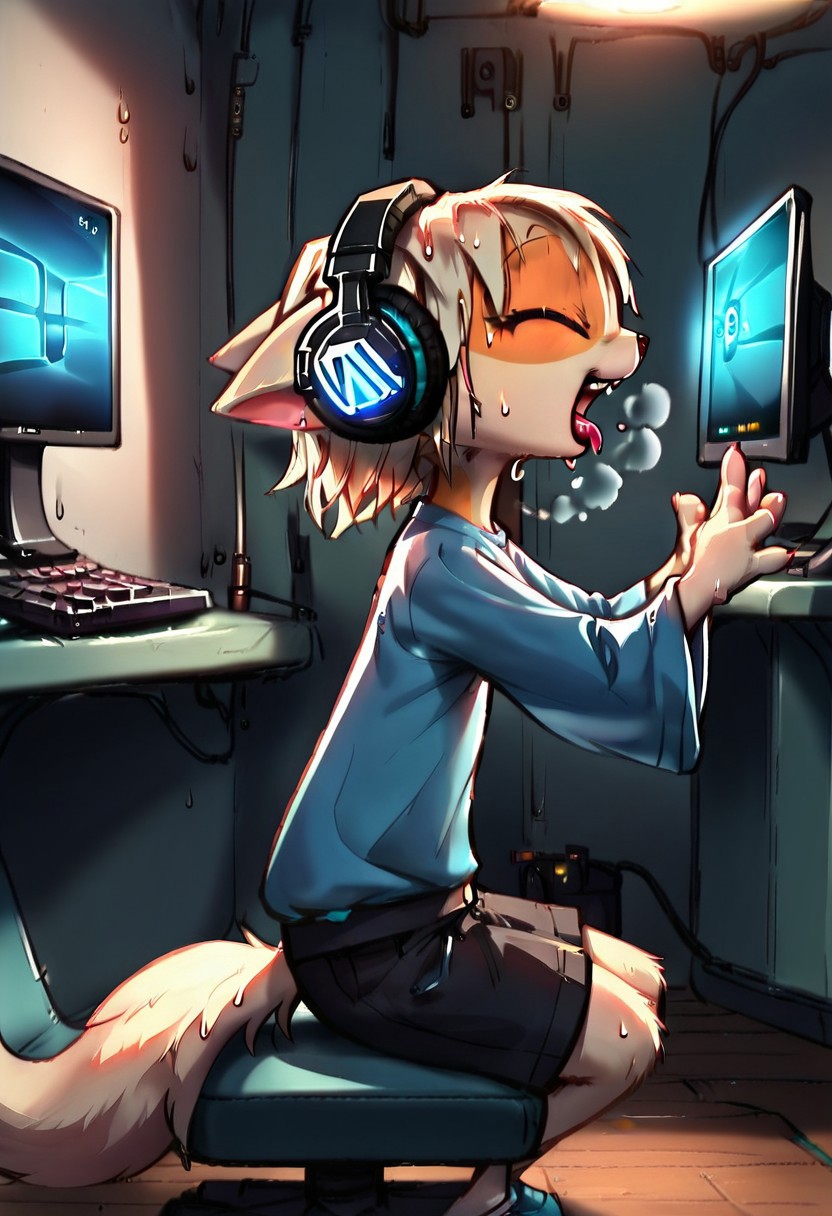 <lora:Paige_v2_r1:0.8>,
score_9,score_8_up,score_7_up,paige,
1girl,solo,furry,
sweat, dutch angle, side view, high quality, hires,, fluffy, detailed background, detailed eyes, emotional, light negative, split lighting style, 
gamer girl,  detailed face, , mouth wide open, yawning, big yawn, blouse stretching, stretching, hands up, mouth wide open, detailed teeth, realistic teeth, detailed tongue, realistic tongue, tongue sticking out, l, she strokes her stomach, sitting on a chair, indoors, game room, headphones,  beautiful, sitting in front of computer,