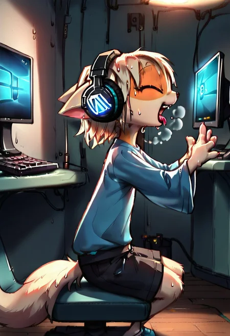 <lora:Paige_v2_r1:0.8>,
score_9,score_8_up,score_7_up,paige,
1girl,solo,furry,
sweat, dutch angle, side view, high quality, hires,, fluffy, detailed background, detailed eyes, emotional, light negative, split lighting style,
gamer girl, detailed face, , mouth wide open, yawning, big yawn, blouse stretching, stretching, hands up, mouth wide open, detailed teeth, realistic teeth, detailed tongue, realistic tongue, tongue sticking out, l, she strokes her stomach, sitting on a chair, indoors, game room, headphones, beautiful, sitting in front of computer,