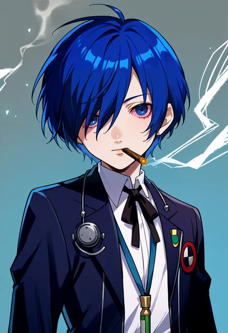 score_9, score_8_up, score_7_up, source_anime, BREAK, solo, 1boy, looking at viewer, <lora:Stoned-pdxl_Fp:1>, stoned, colored sclera, holding cigarette, <lora:MakotoP3-pdxl_Fp:1>, makotop3, school uniform, gekkoukan high school uniform, headphones, blue hair, blue eyes, short short hair, black jacket, black pants, hair over one eye,