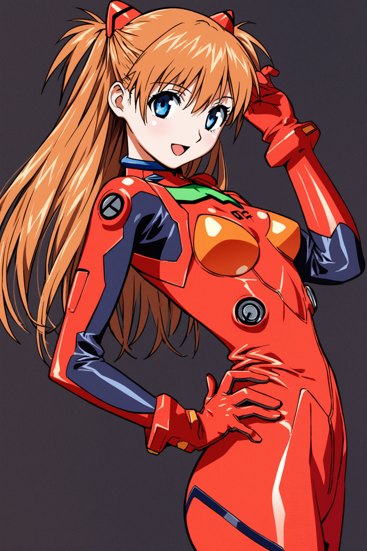 1girl,long hair,plugsuit,bodysuit,souryuu asuka langley,pilot suit,bracer,blue eyes,smile,open mouth,breasts,bangs,turtleneck,solo,cowboy shot,:d,hair between eyes,gloves,red bodysuit,small breasts,looking at viewer,headgear,two side up,hand on hip,skinny,adjusting hair,narrow waist,standing,orange hair,science fiction,hand up,shiny clothes,hair ornament,happy,from side,shiny,skin tight,simple background,black background,<lora:Yasuomi Umetsu_XL:0.8>,