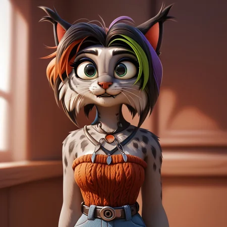 digital_media_(artwork) hi_res, score_9, score_8_up, score_7_up, score_6_up, score_5_up, score_4_up, rating_safe, beautiful, intricate, high quality details, highly detailed, amazing quality, anthro, furry, female, detailed textured fur, fur tufts, fluffy, cute, cute face, small, detailed sexy eyes, solo, SFW, lynx, expressive, sassy, long sleeveless halter neck sweater, baggy denim pants, clothed slim, clothed slender, clothed skinny, multicolored hair, streaked hair, absurdres, highres, goth, heavy eyeliner, heavy eye shadow, breasts, fingerless gloves, sleeveless leather jacket, vivid colors, by zazush-una