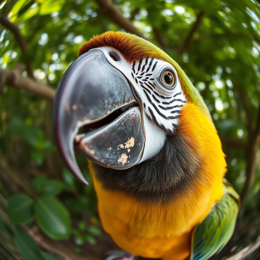 a parrot looking to the lens, fisheye lens fx,fele