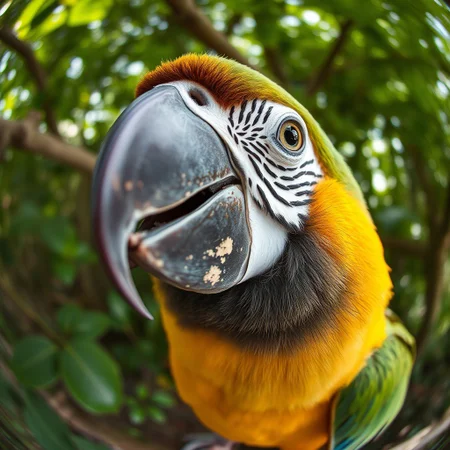a parrot looking to the lens, fisheye lens fx,fele