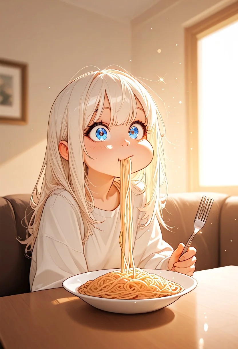 masterpiece, best quality, very aesthetic, absurdres, ambient light, soft light, incoth, (incase:0.6), SagawaStyle, Bright_illu,sparkle,too many light particles,
1girl, cute round face, cartoon style, loose pajama, white panties, at home, sitting in front of a table, holding o fork with spaghetti, chewing spaghetti, chewing noodle, deformed cheek, shocked, panic, large eyes, embarressed, upper body, blurry background, sunny day, bokeh, living room background,
high detail, sharp shading, centered composition, soft shadows